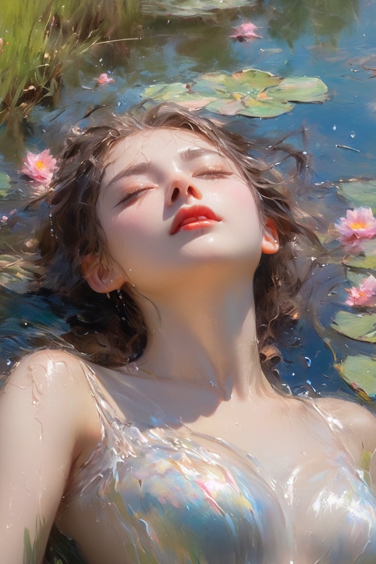 best quality,  extremely detailed,  HD,  8k, oil color painting, 1 sexy girl kneel down, ((the flower lake)), (sexy wet and short skirt made of water) , ((sexy and wet)), top view, closeup, face up, (holy:1.25), dreamwave, (aesthetic:1.25), abstract (sharp:1.1), close eyes, art by sargent, nake shoulder, semi nake