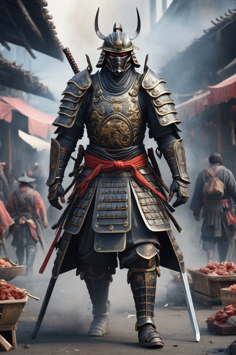 Extremely detailed, extremely realistic, and comprehensive
A group of giant samurai are visiting the market, realistic style (carapace armor), many people are running away in the market, dirty, bloody, sticky, dirty, many vendors, many corpses, wreckage
Ancient sense, creature, realistic style (the background is filled with smoke)