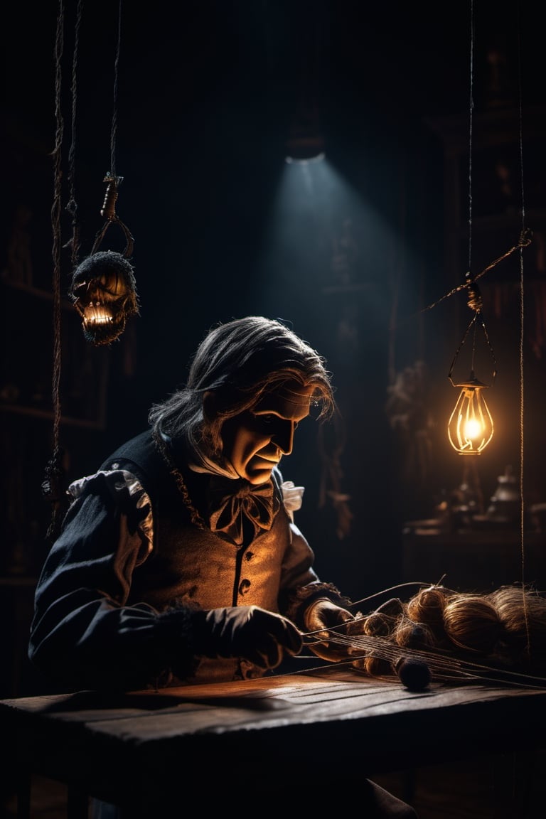 Craft an image of a puppeteer whose marionettes have come to life, their strings controlled by a sinister figure lurking in the shadows, pulling the strings of fate, ultra wide shot, fantasy horror art, photorealistic dark concept art, in style of dark fantasy art, detailed 4k horror artwork, stefan koidl inspired, ((stefan koidl))