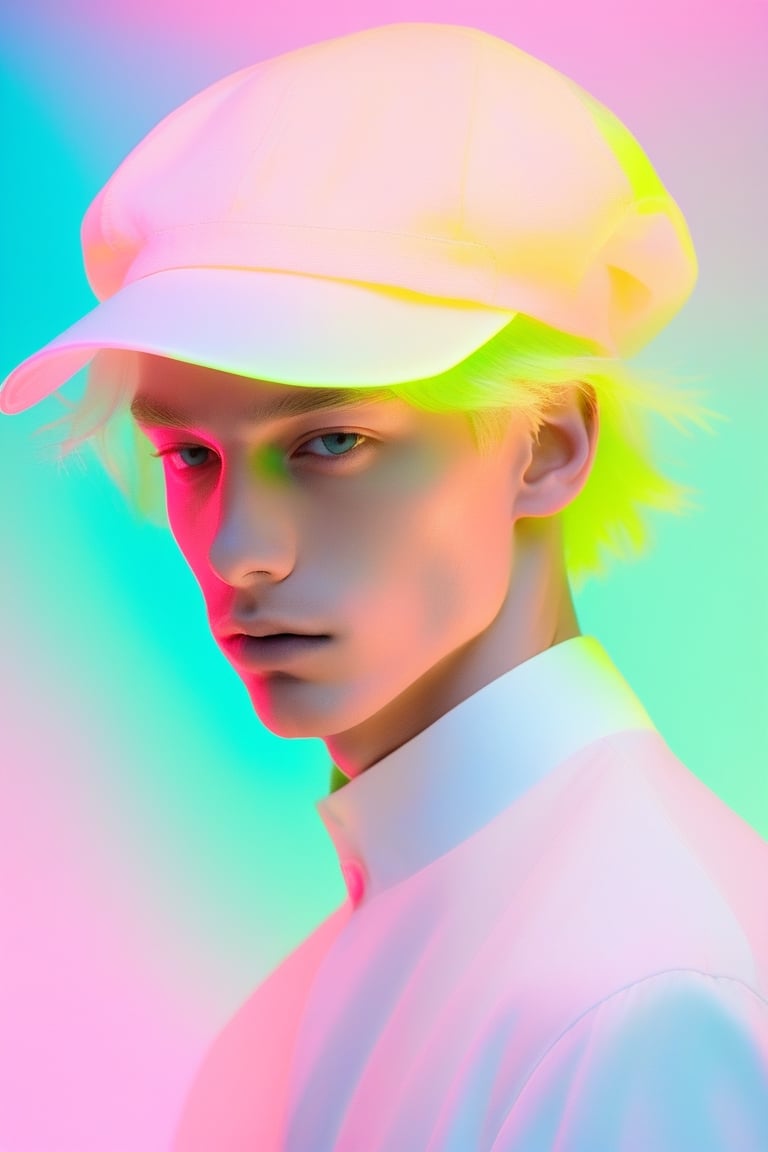 minimalism style,(1boy ),portrait,lip, Ascot cap,Soap, fluorescent gradient background, Alabaster hair,Tousled hair, Scandinavian , (masterpiece,best quality,niji style)