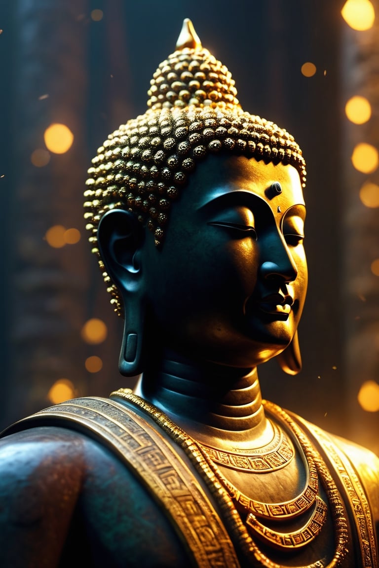 highly detailed Epic cristal and jade sculpture of a buddha male necromancer, portrait details black-skin, in acient temple, dark, volumetric fog, epic scene, glowing fireflies, sacret geometry spectral, glow storm surround body, Hyperrealism, breathtaking, ultra realistic, unreal engine, ultra detailed, golden_jewelry, Hyperrealism, cinematic lighting, highly detailed, breathtaking, photography, stunning environment, wide_shot, cinematic, view_from_below, epic theme