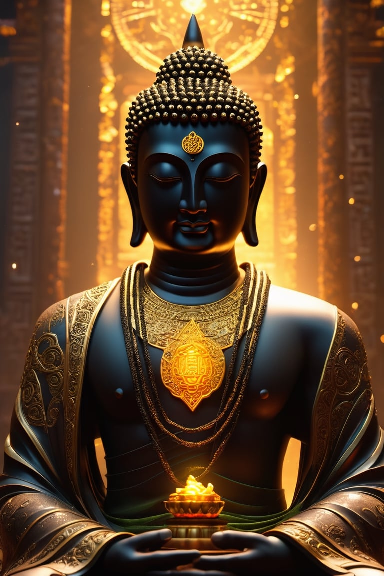 highly detailed Epic cristal and jade sculpture of a buddha male necromancer, portrait details black-skin, in acient temple, dark, volumetric fog, epic scene, glowing fireflies, sacret geometry spectral, glow storm surround body, Hyperrealism, breathtaking, ultra realistic, unreal engine, ultra detailed, golden_jewelry, Hyperrealism, cinematic lighting, highly detailed, breathtaking, photography, stunning environment, wide_shot, cinematic, view_from_below, epic theme