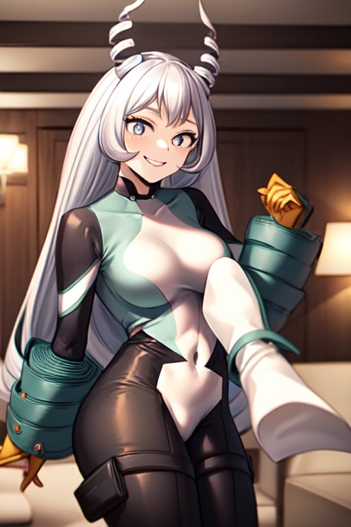 masterpiece, high_res, high_resolution, best_quality, very_high_resolution, (livingroom_background:1.3), 1girl, sole_female, full_body, seductive_girl, short hair, (large breasts:1.2), wide hips, (thick thighs:0.95238), (black hoodie:1.1), (white sweatpants:1.2), white pants, crop top, midriff, indoors, living room, gray background, (legs together:1.1), seductive smile, (cowboy shot:1.2), looking at viewer, front view, (standing:1.1), (illustration:1.1), Mereoleona_Vermilion,hyuuga hanabi,Sexy Big Breast