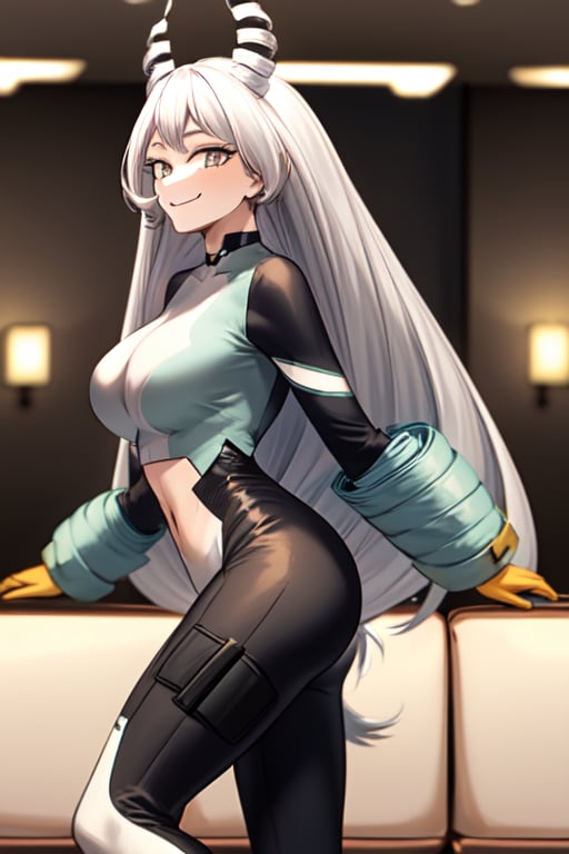 masterpiece, high_res, high_resolution, best_quality, very_high_resolution, (livingroom_background:1.3), 1girl, sole_female, full_body, seductive_girl, short hair, (large breasts:1.2), wide hips, (thick thighs:0.95238), (black hoodie:1.1), (white sweatpants:1.2), white pants, crop top, midriff, indoors, living room, gray background, (legs together:1.1), seductive smile, (cowboy shot:1.2), looking at viewer, front view, (standing:1.1), (illustration:1.1), Mereoleona_Vermilion,hyuuga hanabi,Sexy Big Breast