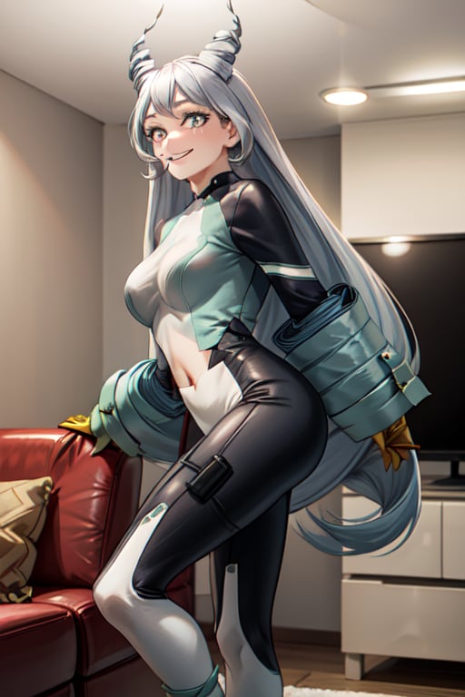 masterpiece, high_res, high_resolution, best_quality, very_high_resolution, (livingroom_background:1.3), 1girl, sole_female, full_body, seductive_girl, short hair, (large breasts:1.2), wide hips, (thick thighs:0.95238), (black hoodie:1.1), (white sweatpants:1.2), white pants, crop top, midriff, indoors, living room, gray background, (legs together:1.1), seductive smile, (cowboy shot:1.2), looking at viewer, front view, (standing:1.1), (illustration:1.1), Mereoleona_Vermilion,hyuuga hanabi