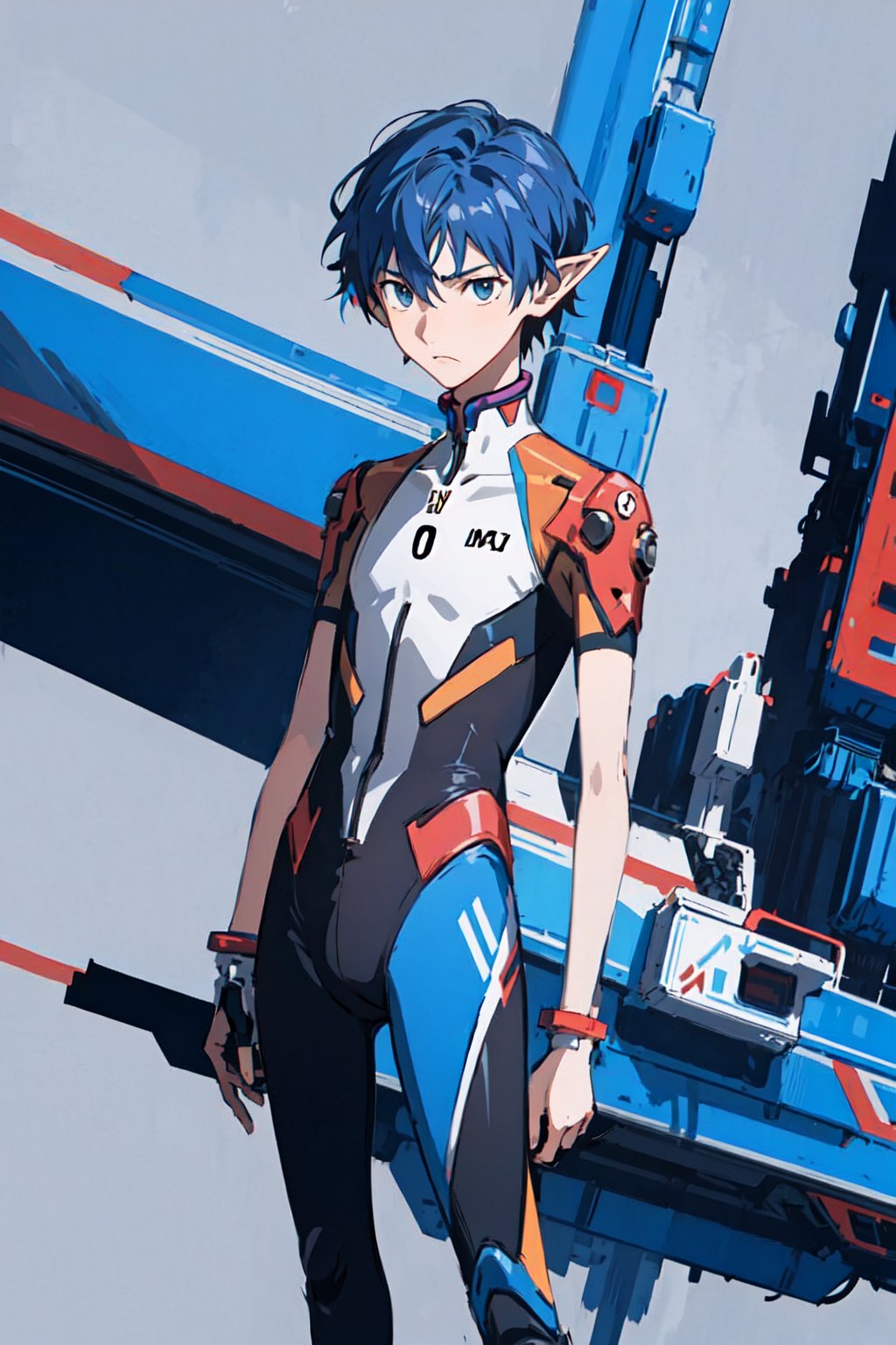 skinny boy, thin boy, teeny, (very skinny:1.5), young boy, elf, slim waist, in triathlon suit, evangelion like, cyberpunk background, bionic hand, masterpiece, best quality, highly detailed beautiful face, full_body, slim waist, teeny, very skinny, teenager, solo_male,nanase_haruka,evangelion mecha