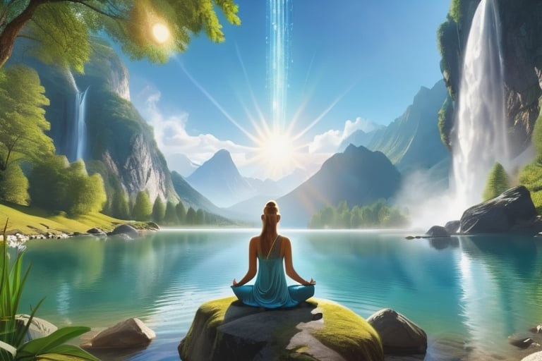 fantastic landscape, mountains, a lake, a waterfall, in the background you can see a woman meditating, and in the sky you can see the shining sun