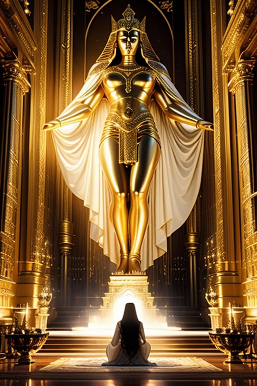 A grand temple chamber bathed in warm golden light, where the revered Egyptian Goddess Isis stands tall, her statuesque form radiating majesty and power. Devotees kneel in reverence, hands clasped together, as they offer lavish gifts at her feet. The goddess's piercing gaze seems to captivate all attention, her flowing white robes billowing behind her like a cloud. 
16K, (HDR:1.4), detailed eyes, intricate details, best quality, highest detail, professional photography, detailed background, insane details, intricate, aesthetic, photorealistic, (full body shot:1.1)