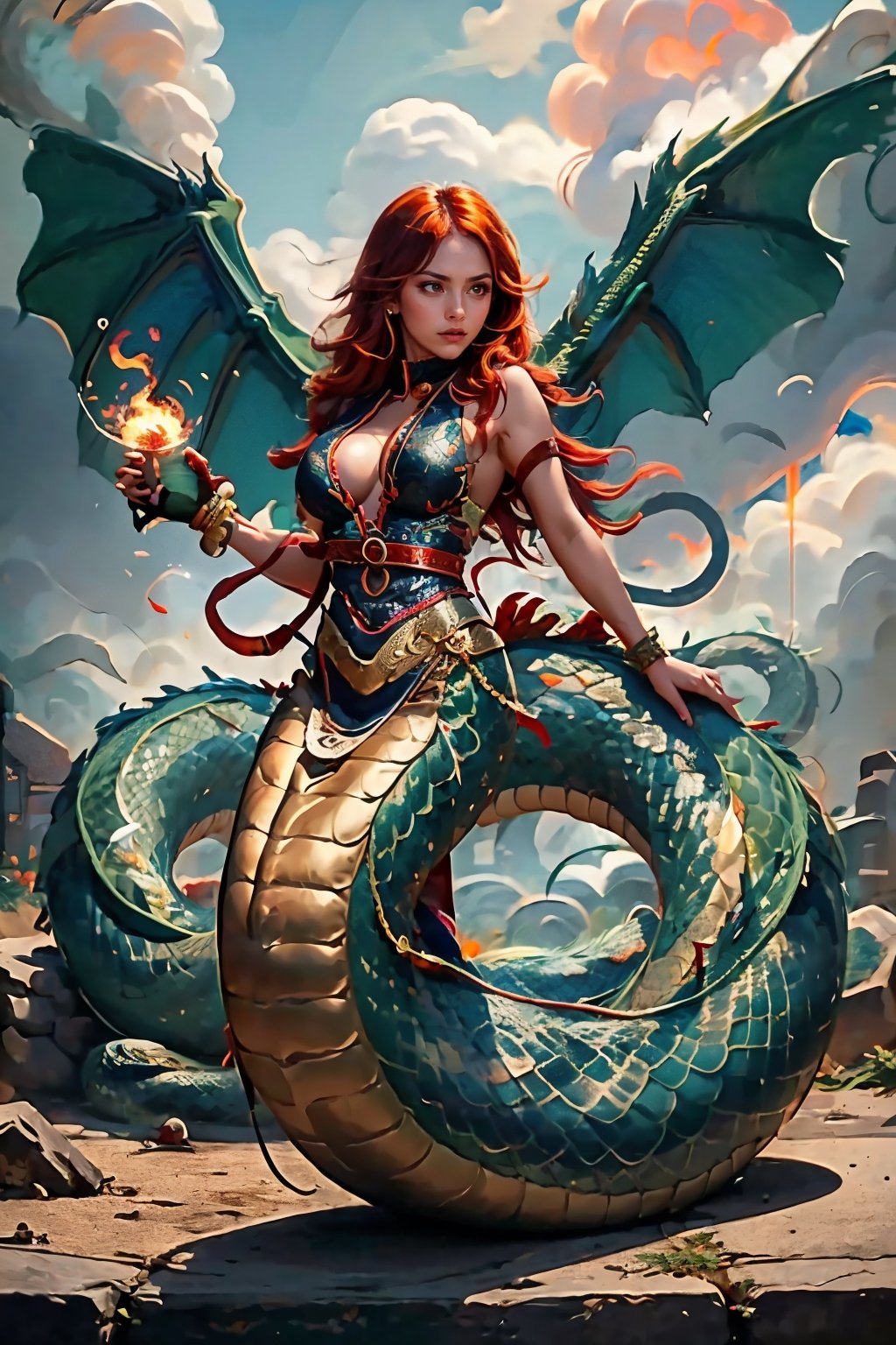 (masterpiece, best quality, ultra-detailed, 8K, ), high detail, 
1 female snake,  no human, human hands,  human breasts, fire,   low body as snake	tail, no human leg,  
 flying speedy on the sky,snake_girl,dragon-themed