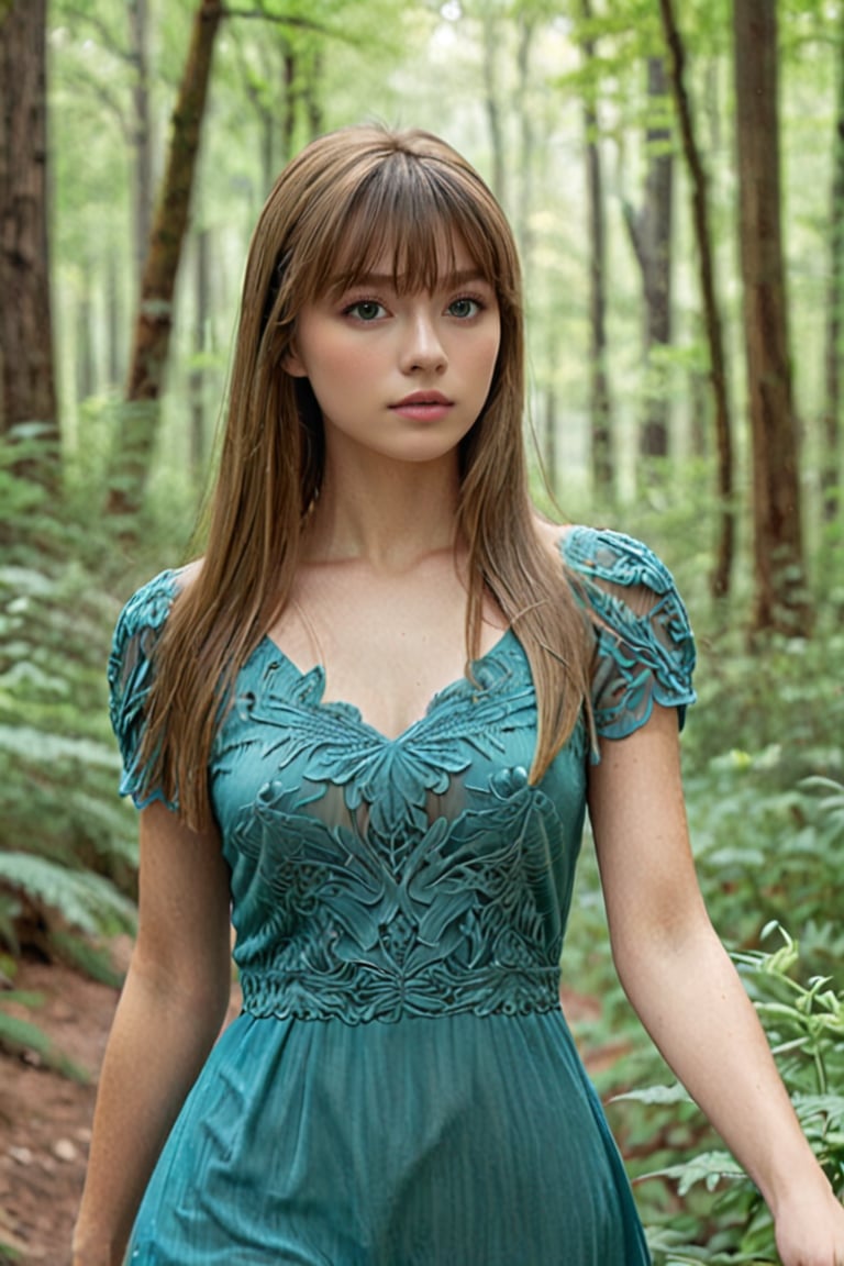 ((Generate hyper realistic image of captivating scene featuring a stunninga woman, 20yo, long light brown straight hair with bangs, Frontal view, looking at viewer, relaxing expression, clearly gray eyes, green dress, (full body view:1.5). finger detailed, walking in the forest, background detailed, ambient lighting, extreme detailed, cinematic shot, realistic illustration, (soothing tones:1.3), (hyperdetailed:1.2) (high quality), masterpiece, (intricate details) blue fractal light efect, highly detailed, vibrant, production film, ultra high quality, photography style, Extremely Realistic, (((Dramatic light)))