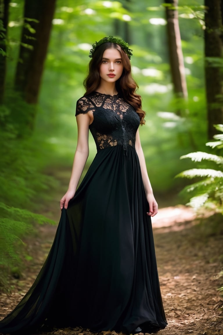 1girl, solo, detailed skin texture,pure skin, full_body,  detail, forest, long black dress,  lace
