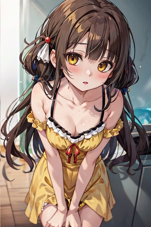 wear the nanase kurumi costume,brown hair,yellow eyes,beutiful,tall girl,not tied,yellow Eyes,there is a hint of  black under his hair,nanase kurumi,blush,Menherachan,lisa