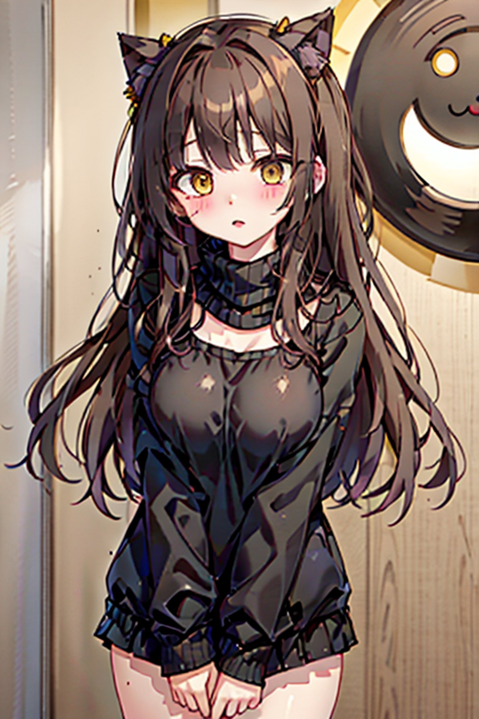 wear the nanase kurumi costume,brown hair,yellow eyes,beutiful,tall girl,not tied,yellow Eyes,there is a hint of  black under his hair,nanase kurumi,blush,Menherachan,lisa,hk_girl