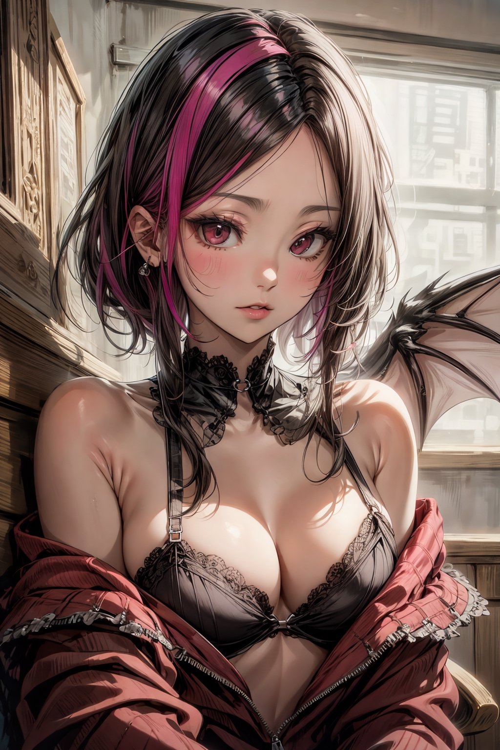 masterpiece, best quality, Succubus queen, adult woman, (portrait:0.8), (close-up:0.8), ,phlg,  black hair,  pink highlight,  no bra