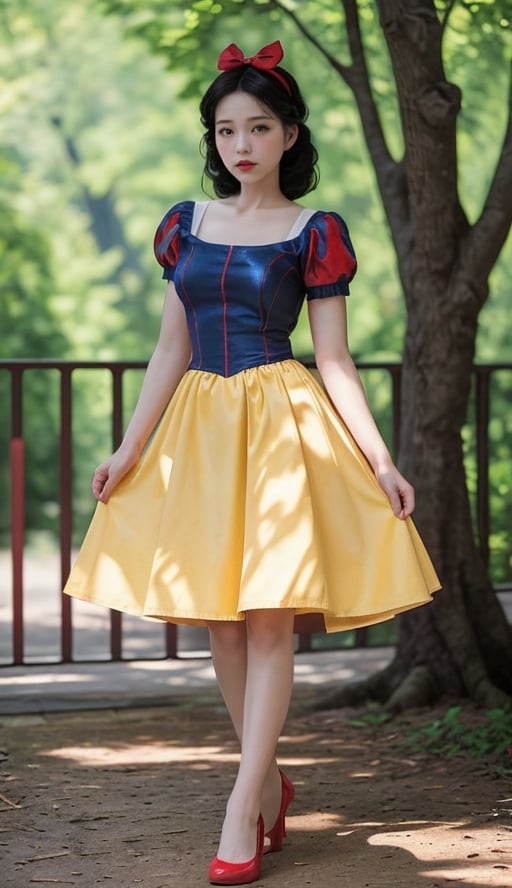 1girl, realistic, solo, snow white ,(masterpiece:1.2), best quality,(sharp_focus),  park, detailed dress, yellow skirt,red bow, snow white,hk_girl,  nsfw