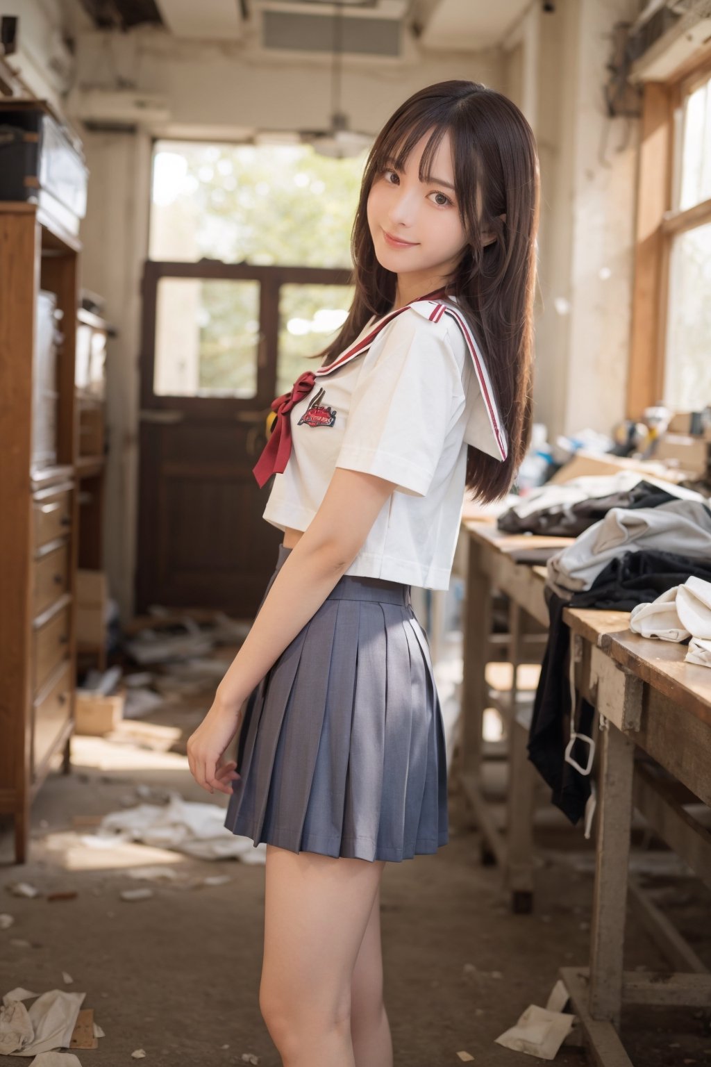 (masterpiece),  1girl,  smile, ,light particles,  ,random,masterpiece,hk_girl,  full_body: 1.1,girl, solo , full body, lustful eye , front view, real girl, 18 years old Japanese girl , sailor black school girl uniform , Premium Women's Back Seam Thigh High, short skirt,,shy innocent face , in old abandoned clothing factory, black hair with highlighting, visible skin detail, skin fuzz, glossy skin, natural_lighting , Detailedface,school uniform,