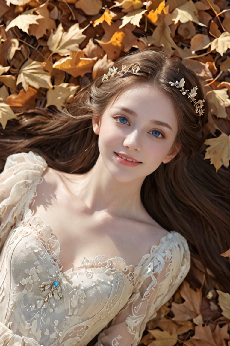 Beautiful soft light, (beautiful and delicate eyes), very detailed, pale skin, (long hair), dreamy, ((front shot)), soft expression, bright smile, art photography, fantasy, jewelry, shyness, soft image, masterpiece , ultra-high resolution, color, very delicate and soft lighting, details, Ultra HD, 8k, highest quality, silhouette of a woman in the fallen leaves, dual screen,