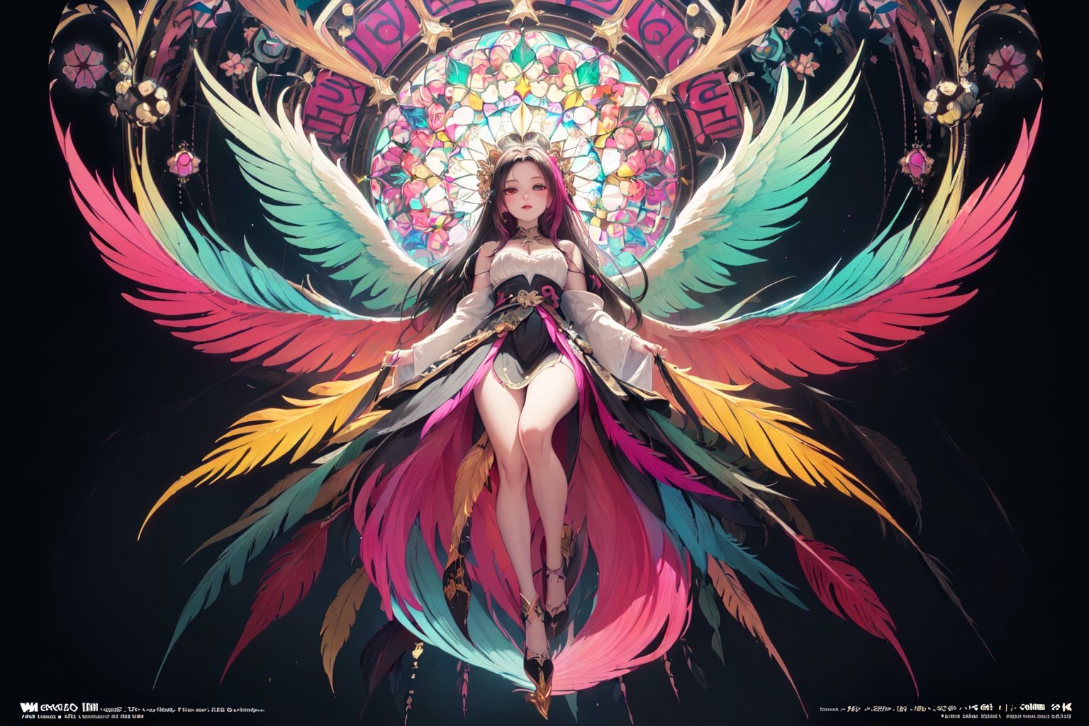 (masterpiece, incredibly absurdres, highres, best quality, official art, beautiful and aesthetic:1.2), one girl, angel Descending, (kaleidoscope:1.2), stained glass, Greek, front view, from below, full body, (angel feather wings), (happy), (vivid), floating colorful feather, black hair,  pink highlight