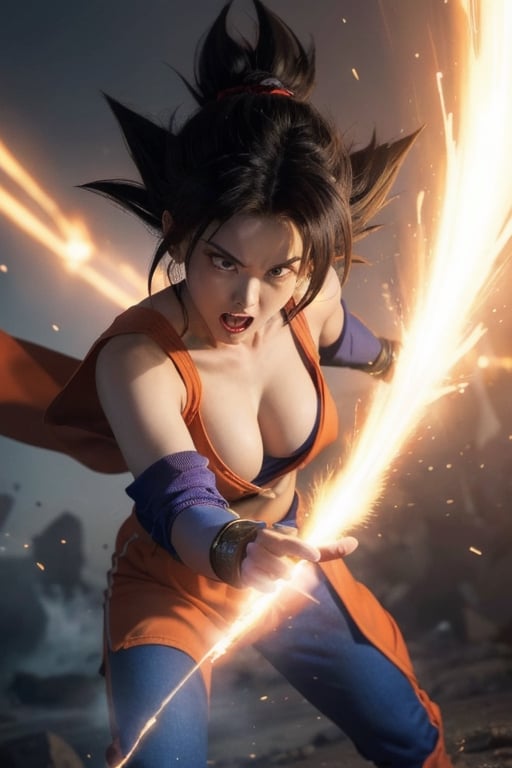 1girl,  breast, (feamle Goku) , Witness the awe-inspiring power of Goku as he unleashes her extraordinary abilities in a stunning display of strength and energy. Inspired by the beloved character from the Dragon Ball series, Goku stands tall with her spiky black hair and confident expression. her body radiates a vibrant aura, showcasing her immense power and determination. As he channels her energy, vibrant beams of light burst forth, illuminating the scene with dazzling colors. The movie style is a perfect blend of action and fantasy, capturing the essence of Goku's superhuman abilities. The lighting is dynamic, highlighting the intense energy surrounding Goku and casting dramatic shadows. The resolution is set to 8K, delivering unrivaled clarity and detail, ensuring every flicker of energy and every muscle movement is vividly captured. Brace yourself for an electrifying experience as Goku taps into her extraordinary powers, ready to face any challenge that comes her way.,her body surrounded by a raging storm of magic energy, the cityscape crumbling around him as he unleashes a devastating wave of destruction. People fleeing in terror at the bottom of the image, sketch, son goku,