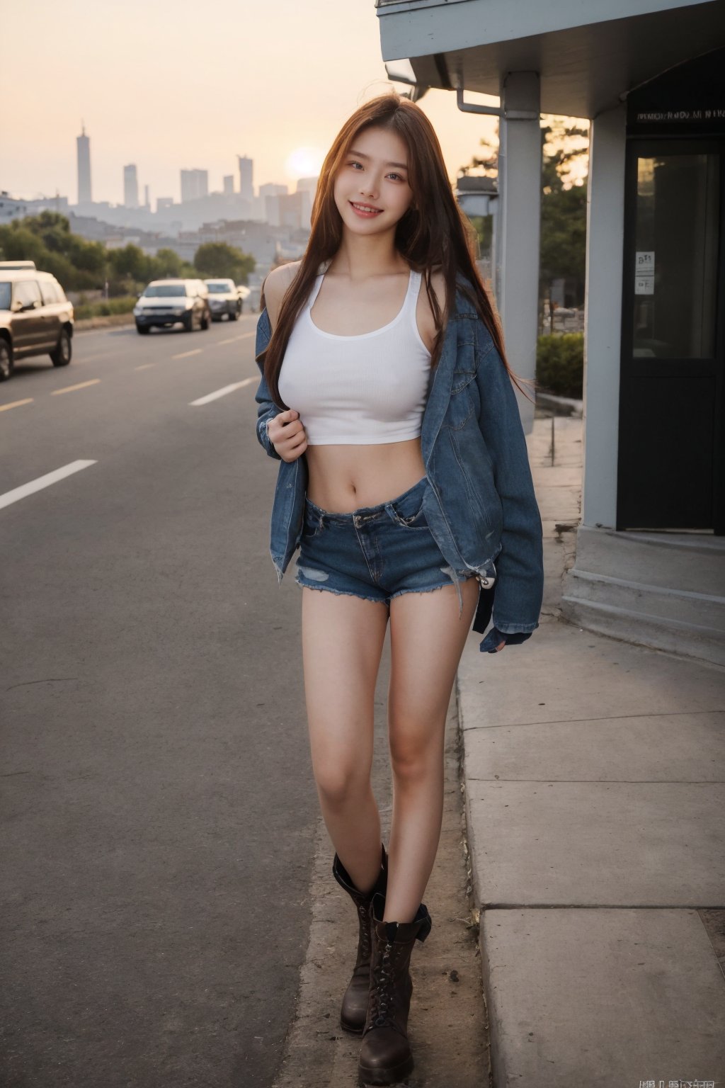 (masterpiece, top quality, best quality,1girl, covered nipples, erect nipples,no_bra, sun,covered_nipples,,Korean, beautiful face, smile, long hair, 19 years old, tank top, jacket, shorts, boots, hills, full body view, sunset