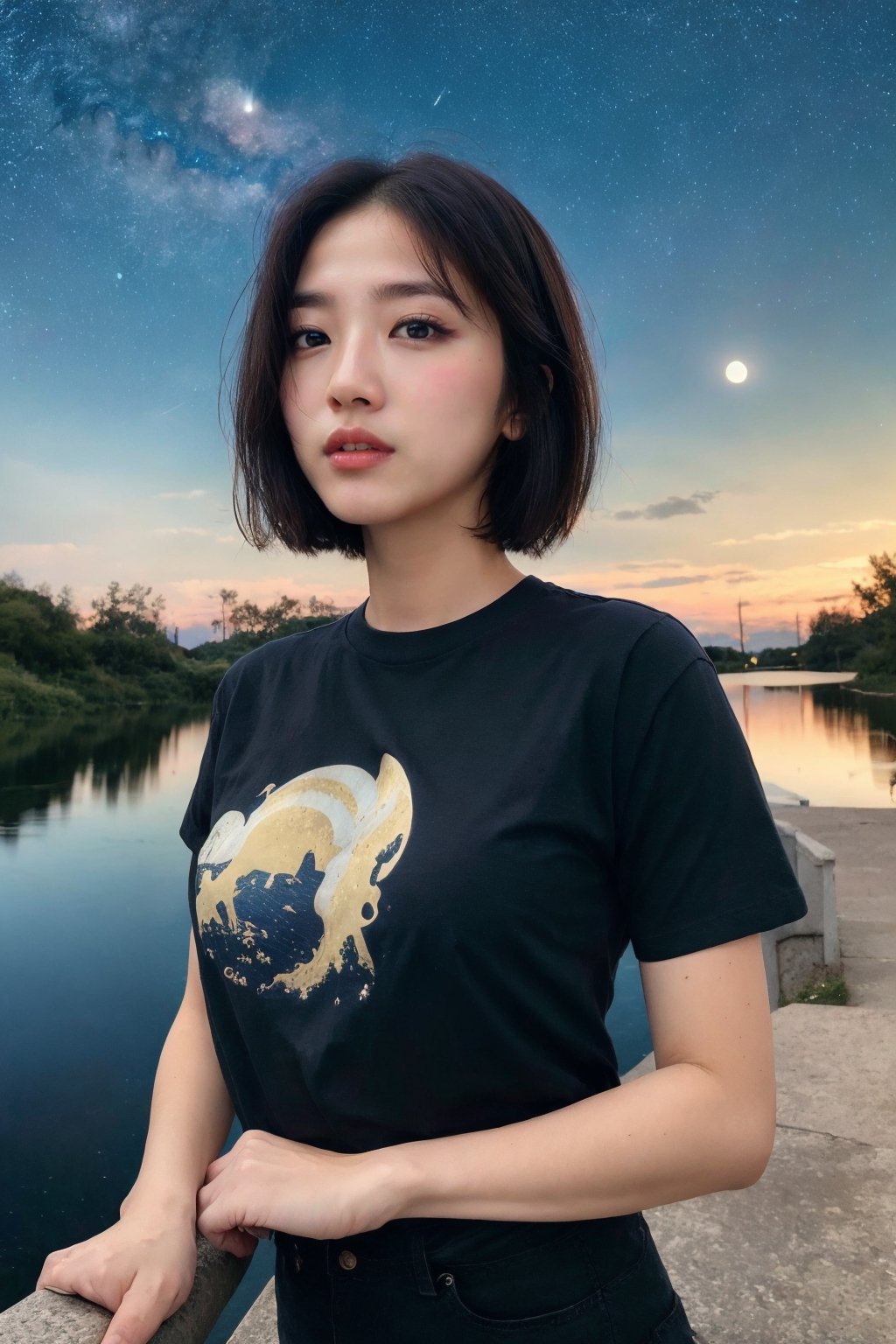 (masterpiece, best quality, ultra-detailed, 8K, ), high detail, 
1girl, black hair, moon, night, fantasy, outdoors, ruins, scenery, shirt, short hair, short sleeves, sky, starry sky, tree, water, ,no_bra