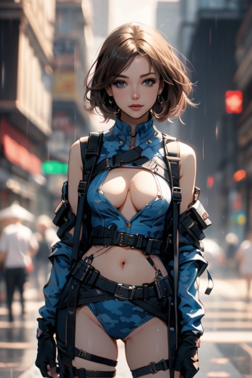 1girl, a chest up portait of a beautiful student model in blue camouflage posing lively, looking at viwer, dark beige pixie hair style, urban techwear, outfit, crowded street in the rain, depth_of_field, fingerless glove, shoulder holster, belt, hoslter, thigh holster,phlg,  nsfw,1 girl