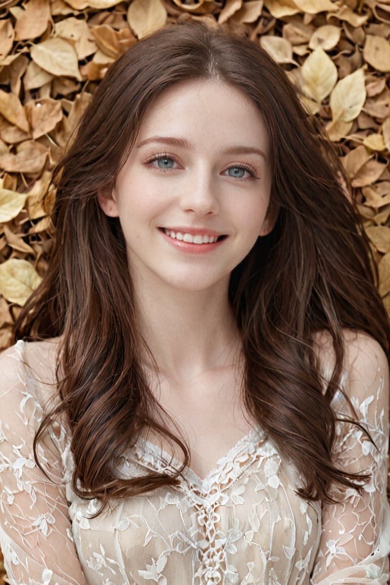 Beautiful soft light, (beautiful and delicate eyes), very detailed, pale skin, (long hair), dreamy, ((front shot)), soft expression, bright smile, art photography, fantasy, jewelry, shyness, soft image, masterpiece , ultra-high resolution, color, very delicate and soft lighting, details, Ultra HD, 8k, highest quality, silhouette of a woman in the fallen leaves, dual screen,