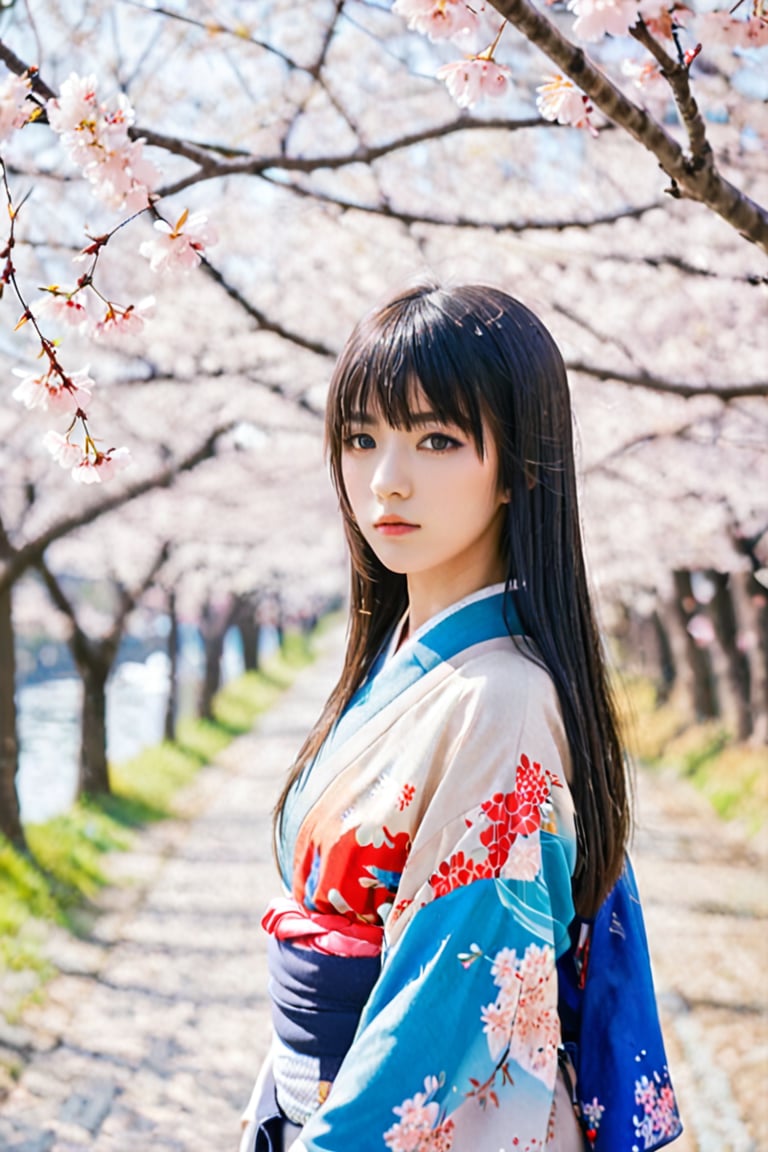 1 person, female, 18 years old, mysterious beautiful girl, black long straight hair, blunt bangs, turime, sparkling eyes, kimono, promenade, cherry blossom trees, clear sky, movie lighting, soft focus, excessive overexposure, airy photo,