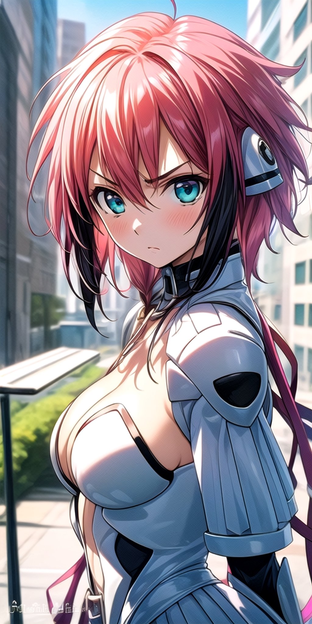 a ikaros,  magenta_hair,  is killing, detailed eyes, pair croissant on her head , angry,  looks pitiful,ikaros,  upper body,  city