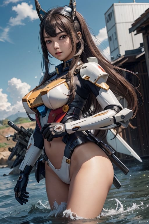 mecha_musume, metal, masterpiece, hyper Realistic, best quality, best quality, Amazing,extremely detailed, unity 8k wallpaper,  beautiful detailed face, extremely detailed CG unity 8k wallpaper, 1girl, asian, masterpiece, best quality, Amazing, beautiful detailed face, 1girl, asian,  mecha musume,  weapons, (furture battalfield background:1.35),colorful , water