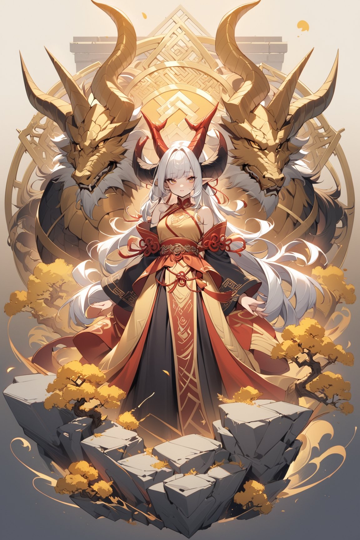 1 girl, (masterful), (long intricate horns:1.2), detailed and intricate, dragonyear, dragon-themed
, Glass Elements, looking_at_viewer, chinese girls, goth person, sfw, complex background, rock_2_img, bg_imgs, golden color,