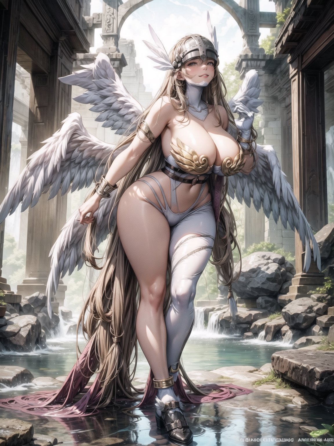 angewomon, gigantic breasts, wearing metallic visor on the face, dark blonde hair, hair with bangs in front of the eyes, (looking at the viewer), (((sensual pose+Interacting+leaning on anything+object+leaning against))), in an ancient temple in a waterfall on top of the mountains at night, with many structures, altars with ancient writings, large statues of ancient gods, 16K, UHD, (full body:1.5), unreal engine 5, quality max, max resolution, ultra-realistic, ultra-detailed, maximum sharpness, ((perfect_hands)), ((perfect_legs)), Goodhands-beta2, ((angewomon, metallic visor on the face, gigantic breasts)), ANIME_angewomon,ANIME_angewomon,aiwaifu,angel_wings