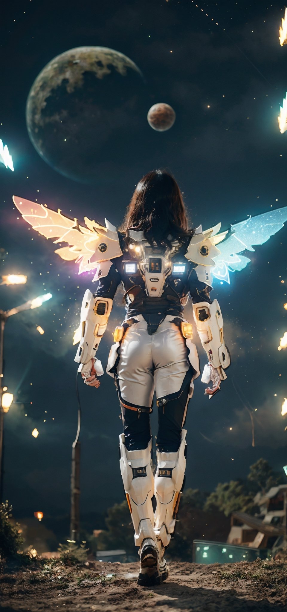 (masterpiece, best quality, ultra-detailed, 8K, ), high detail, 

 1girl, floating on sky,  flying,  full_body, mechanical, metal, suit, gun, outdoor, huge metal wings,  thematic background, neon, glow, fluttering symbols, | depth of field, bokeh, | smooth detailed shadows, hyperealistic shadows, (saturated color) | ,mecha_musume, ,mechanical,bg_imgs,  moon,  planets