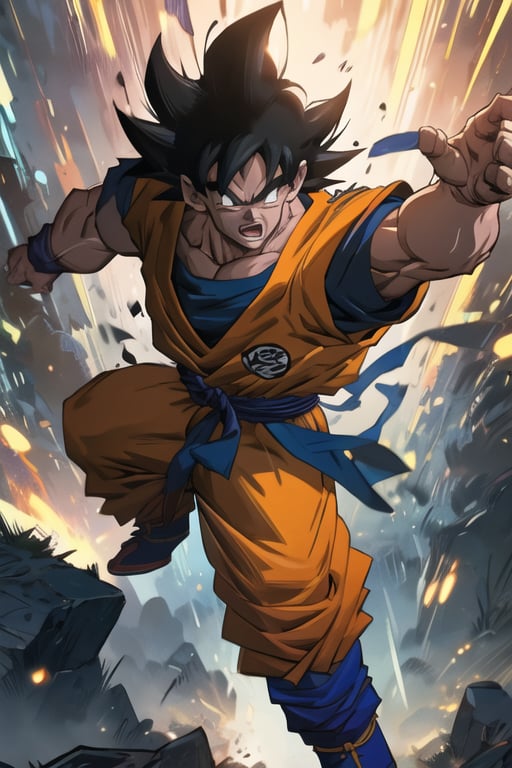 an 8k hyper-realistic illustration featuring Goku in a fierce battle, striking a dynamic pose reminiscent of Akira Toriyama's iconic style. Infuse vibrant colors with a warm color temperature and a determined expression on Goku's face. Apply dramatic lighting techniques for an intense atmosphere. Utilize Unreal Engine to achieve epic composition and employ cinematographic elements such as Ultra-Wide Angle and Depth of Field. Enhance the image with hyper-detailed and beautifully color-coded elements, ensuring an insanely detailed and intricate result.