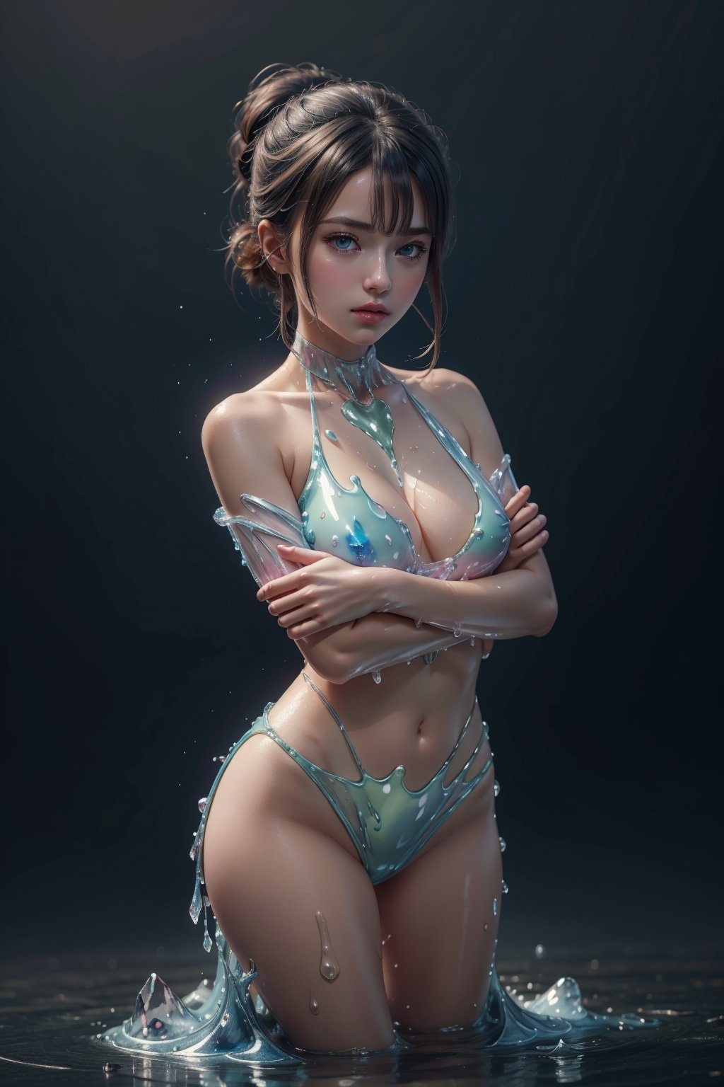 ((masterpiece,best quality)), high res, HD, illustration, solo female, random color, random pose, complex color,
perfect anatomy, slime  dudou, bare shoulders, halterneck,slime,slime_girl,transparent:1.1,crystalline_style