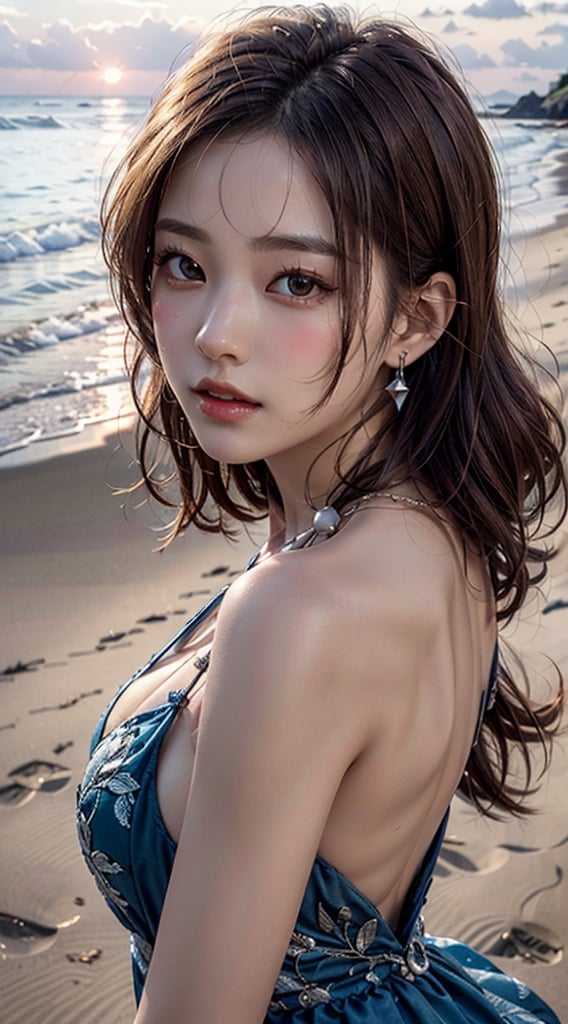 (best quality,masterpiece, photorealistic, highly detailed), a close-up portrait of 1 girl, in her 20s, detailed beautiful face, detailed beautiful eyes, medium-length light-brown hair, wearing a blue long dress, earrings, necklace, realistic detailed skin texture, detailed hair, walking on the beach, at sunset, side view, sharp focus, look at the viewer, asian girl,fantasy_princess