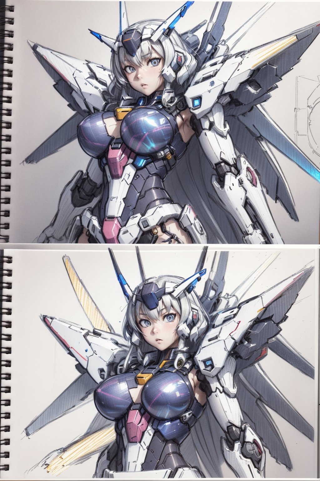 (((sketch))), master designer, pencil speed drawing works,(detailed explanation and description, text, production drawing), documentation, Design Process, high-tech, super factory design product, monochrome, , 1girl, metal,  ,holographic interface,mecha musume,cyberpunk,mechanical,sketch