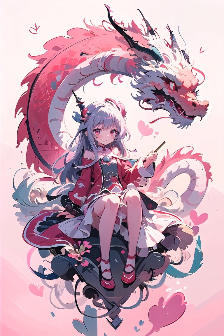 dragon venus,  1girls, solo, long hair, closed mouth, heart:1.4, <3, floating hair, floating, metal,  mechanical body,mechanical,  dragon,complex background,  planet,dragon-themed,  pink theme,  holding stick,masterpiece,best quality,sketch