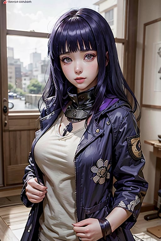 1girl, realistic, solo,(masterpiece:1.2), best quality, ultra-detailed, highly detailed illustration,, hinata, purple hair, ninja, open coat