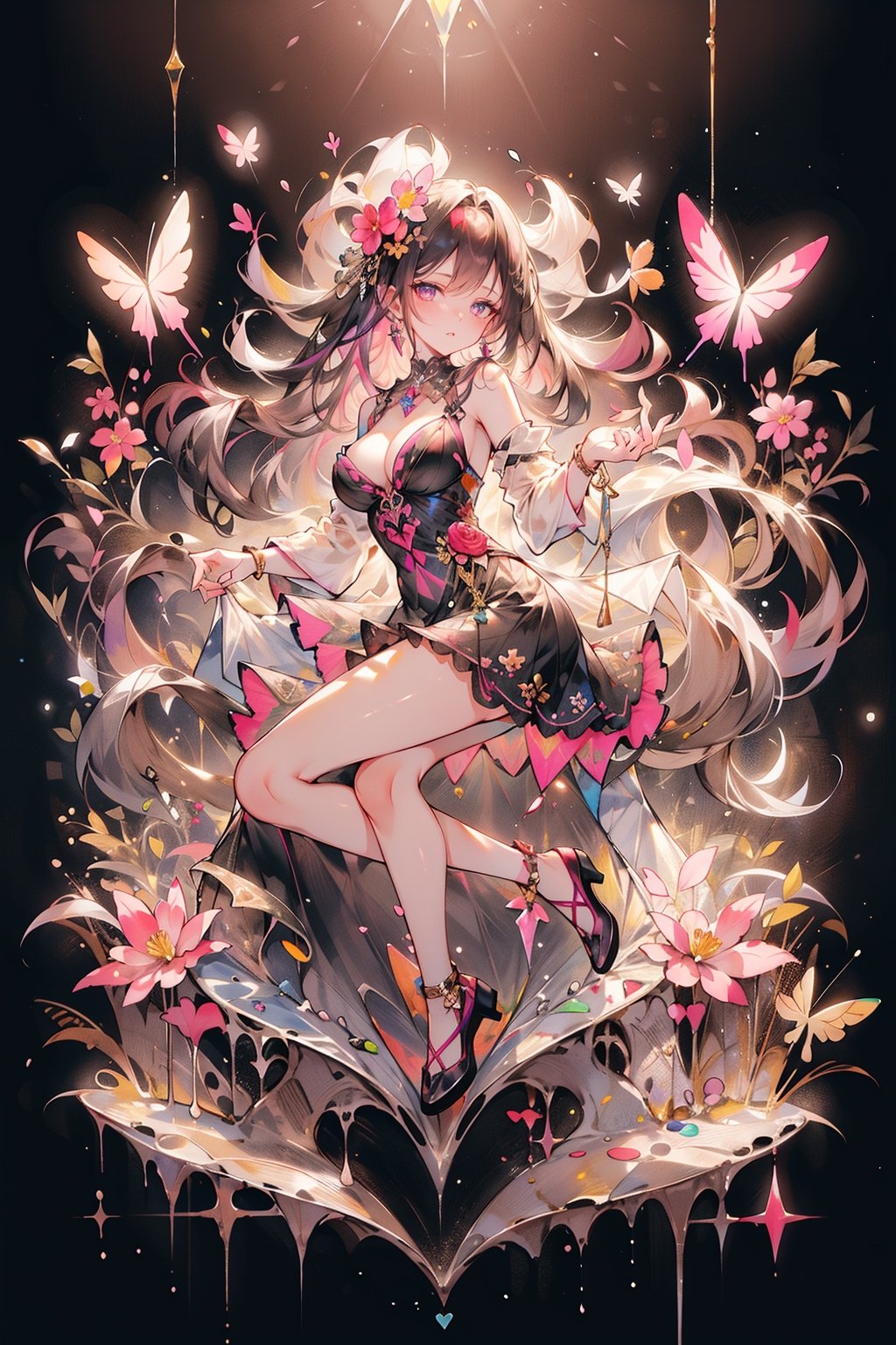 8k, (absurdres, highres, ultra detailed), (1lady:1.3), young woman with beautiful blowing hair and mesmerizing eyes, wearing a flowing red gold dress made of petals, in a serene garden (filled with blooming flowers), a representation of beauty and grace, charming, cute, beautiful, ultra detailed, dream like shot, 8k, sunset, ((holographic))), (((rainbowish))), expressive, cinematic, dynamic pose,midjourney, full body, visible breast, many many glowing colorful butterflies,phlg, black hair, pink highlight, no bra, 