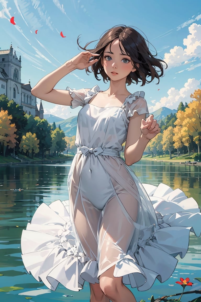 ((masterpiece,best quality)), high res,, solo female, random color, random pose, complex colour,, comic style,  flower,  dress floating,  lake