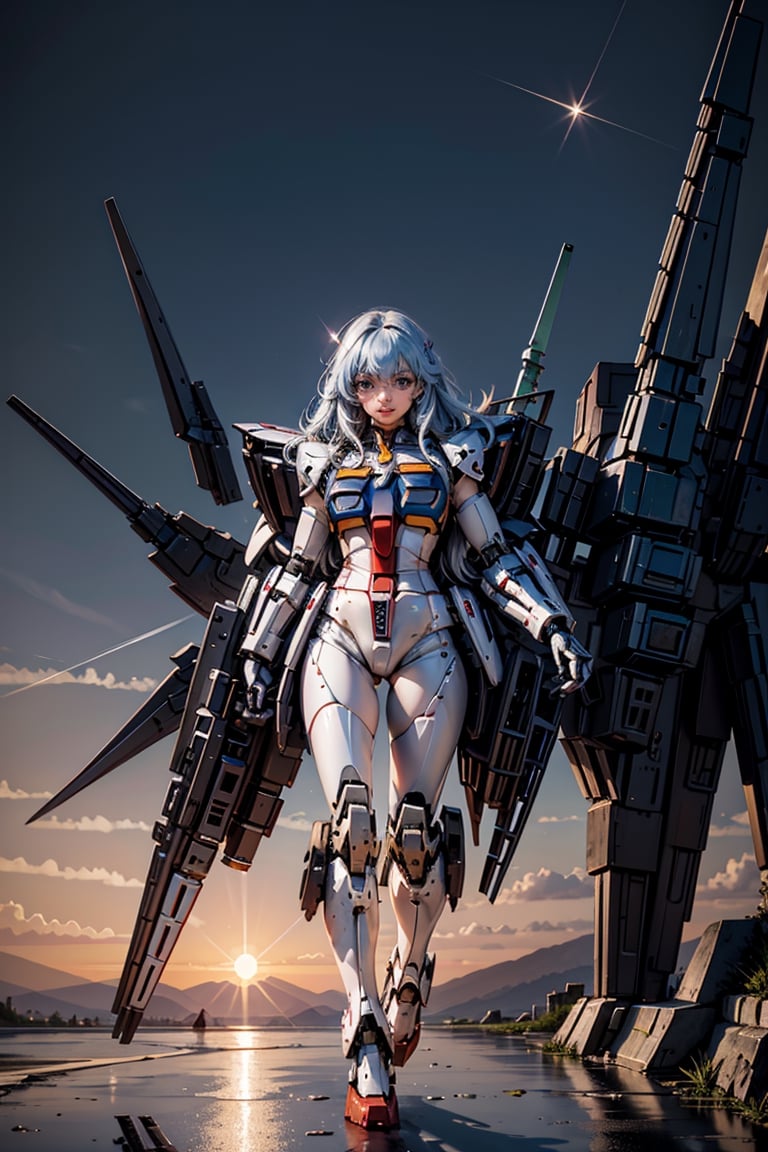 Beautiful iconman girl, upper body, ((metal)) ,  mechanical , fighting, mecha_musume,  many led light, colorful_hair ,mechanical,  floating gun in sky, 1girl,random viewer,metal,mecha musume,mecha_musume,gundam_girl,SGBB,perfect light,Mecha,non-humanoid robot,crystal