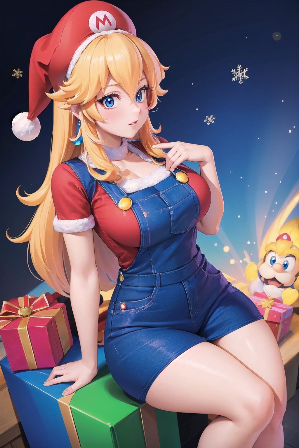 An extremely intricate and detailed unedited masterpiece of Princess Peaches wearing a blue overall, red t-shirt and christmas  red cap, curvy body,mario, snowflakes,  gifts