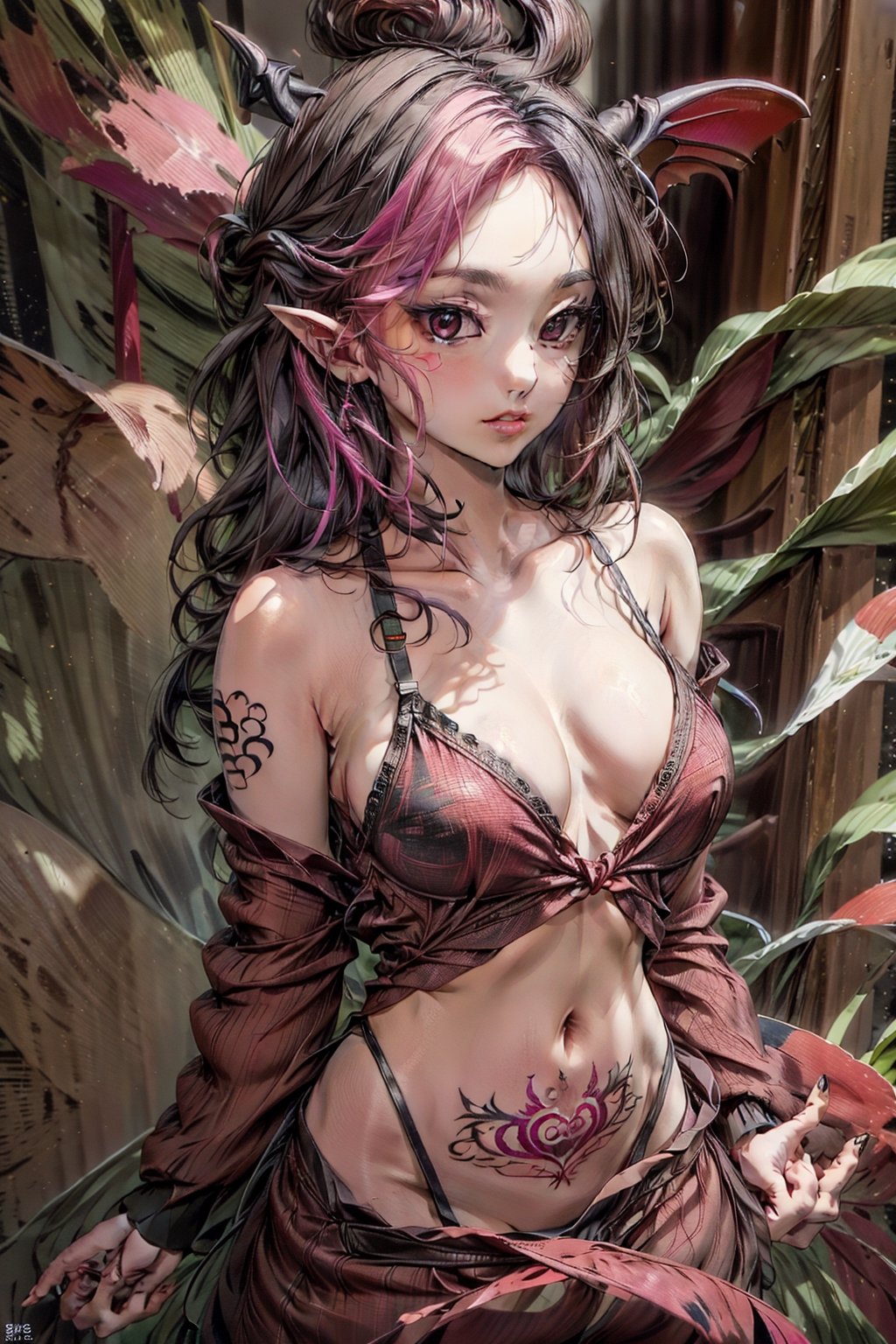 masterpiece, best quality, Succubus queen, adult woman, (portrait:0.8),phlg,  black hair,  pink highlight,  no bra,womb_tattoo,no_bra,  floating_hair