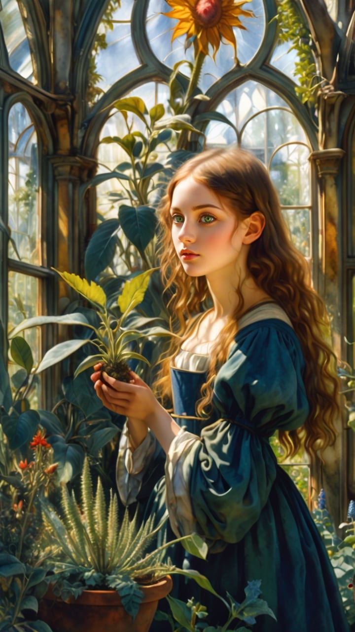 (masterpiece, top quality, best quality, official art, beautiful and aesthetic:1.2), (1girl:1.4), extreme detailed, a girl carefully examines a plant in her hands in a sunlit large greenhouse. Her expression reflects a blend of fascination and scholarly focus as she documents the intricacies of the natural world, (Hieronymus Bosch and Gustave Moreau style artwork),watercolor \(medium\),scenery