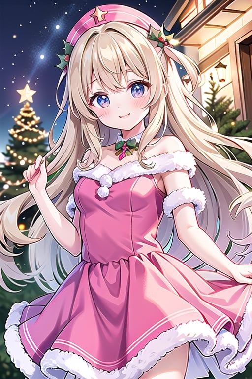Beautiful girl, smiling eyes, christmas,  christmas tree, aurora, outdoor, pink dress