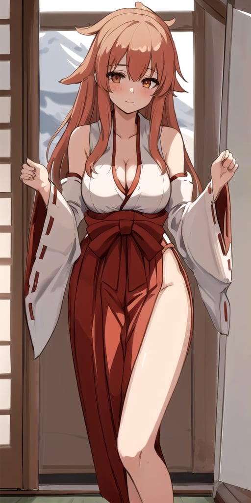 1girl, solo, (masterpiece:1.2), best quality,  outside, looking_at_camera ,  miko embrace, red hakama, miko_clothes, miko_dress, cleavage cutout, sexy