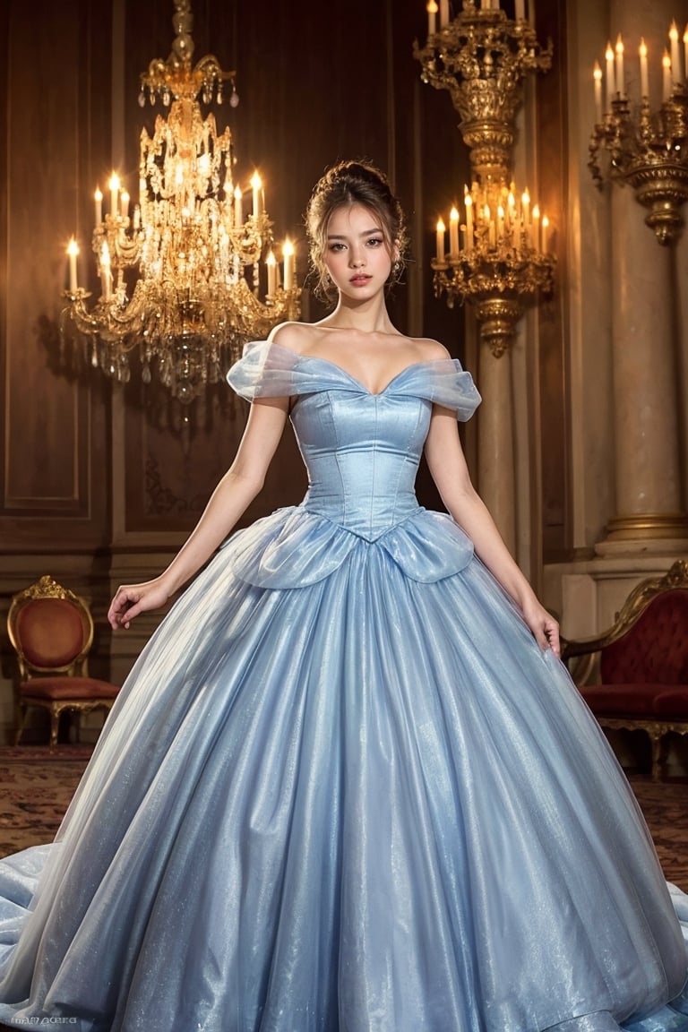 cinderella, full body:1.1, A girl in a modern, elegant ball gown, styled with a sleek updo and minimalist jewelry. She should have a confident, regal expression. The background is a luxurious modern palace, with clean lines, high ceilings, and extravagant chandeliers. The photo should be shot in high definition, with a sharp focus on the subject and a soft, blurred background for a captivating portrait,