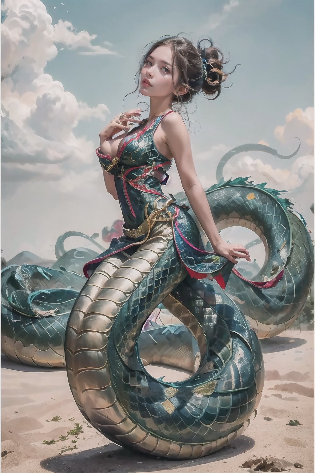 (masterpiece, best quality, ultra-detailed, 8K, ), high detail, 
1 female snake,  no human, human hands,  human breasts,  low body as snake	tail,, no human leg,  
 flying speedy on the sky,snake_girl,dragon-themed