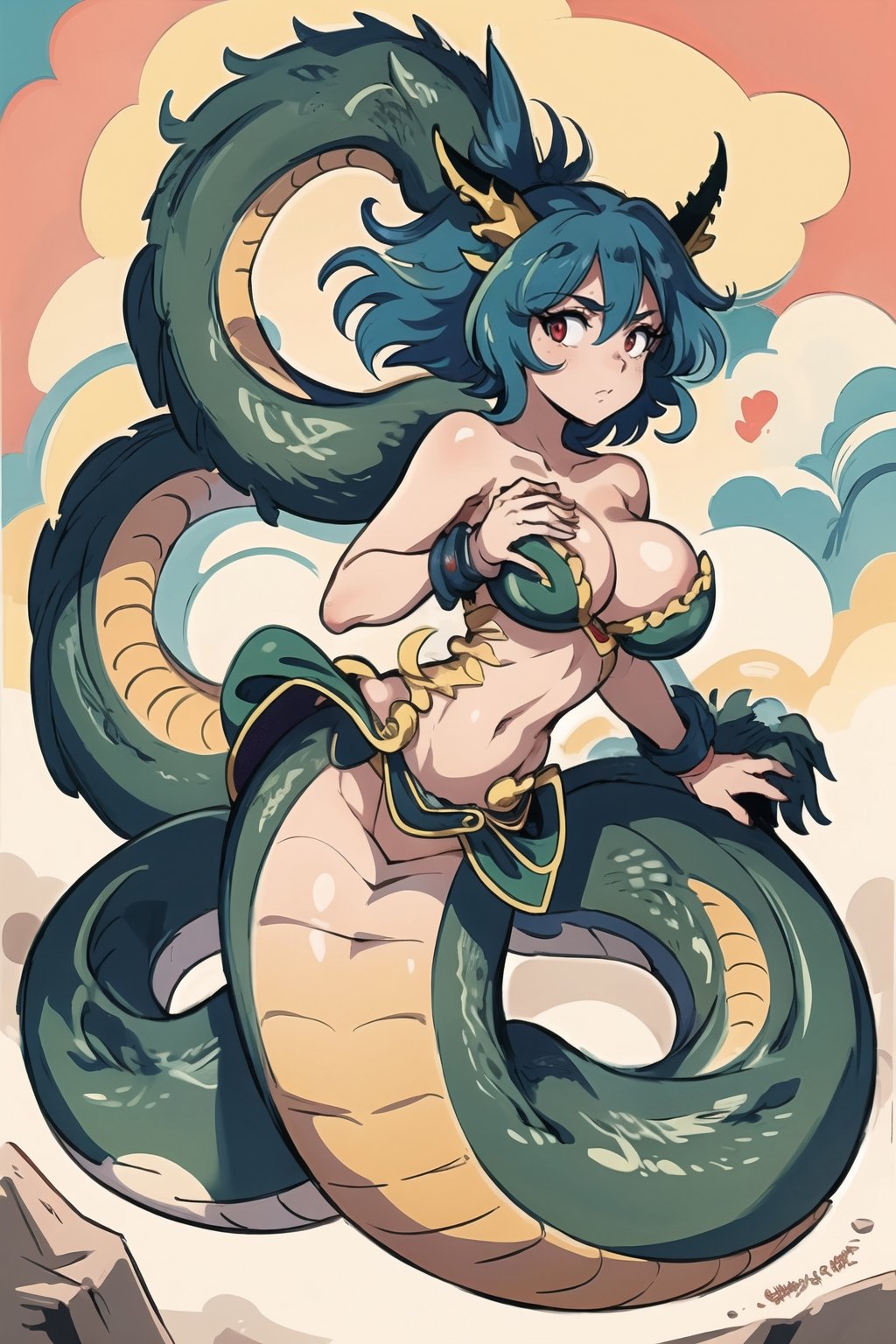 (masterpiece, best quality, ultra-detailed, 8K, ), high detail, 
1 female snake,  no human, human hands,  human breasts,  low body as snake	tail,, no human leg,  
 flying speedy on the sky,snake_girl,dragon-themed